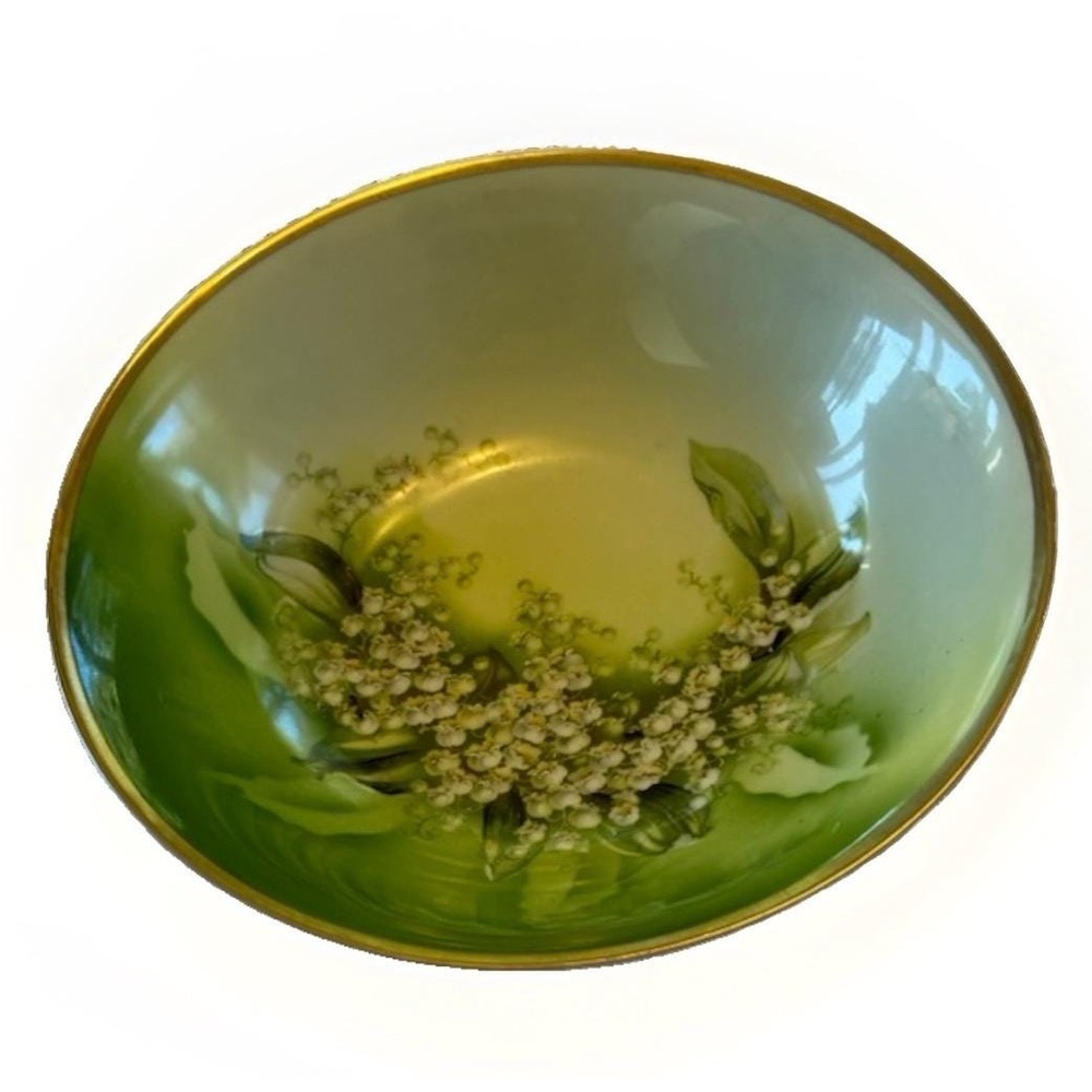 Hand Painted Porcelain Serving Bowl Lily of the Valley Green Gold Trim China VTG